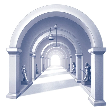 A tunnel with intricate archways and detailed carvings, showcasing symbolic representations of law and justice. The walls are adorned with scales balanced perfectly, and classical columns stand tall, indicating a sense of timelessness. Each section of the tunnel features visual elements from various eras, such as scrolls, gavels, and statues of historical figures like Lady Justice. The tunnel extends into the distance, creating a perspective that draws the viewer's eye towards the vanishing point, where light filters through, suggesting a passage through time.