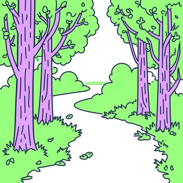 A winding path cuts through a dense forest filled with tall trees. The trees have intricate line patterns, showcasing their bark and leaves. The path is bordered by tufts of underbrush and small ferns on either side. Sunlight filters through the branches, casting a complex interplay of shadows on the ground. Some fallen leaves lie along the path, adding texture to the scene. In the distance, the path curves gently, inviting exploration deeper into the forest.
