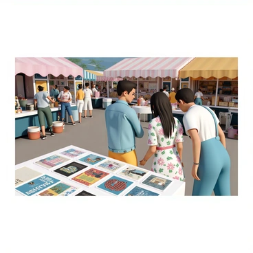 A bustling flea market scene filled with various stalls and shoppers. In the foreground, there is a table showcasing a "collection of vintage illustrated posters." The posters are displayed in an organized manner, featuring vibrant colors and intricate designs. Some posters depict classic travel destinations, while others highlight retro advertisements. A couple of shoppers are examining the posters closely, one wearing a denim jacket and the other in a floral dress. The background shows more market stalls filled with different antique items and colorful awnings, creating an inviting atmosphere.