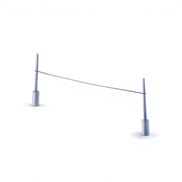 A tightrope extended horizontally between two tall poles. The rope is taut, showing clear tension as it bends slightly under the weight of an unseen performer. The poles stand firmly on the ground, each with a base that is securely anchored. The scene captures the concept of potential energy, emphasizing the strained state of the tightrope. The sky above is clear, creating a stark contrast against the sturdy structure of the poles.