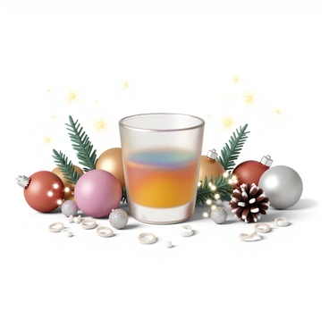 A clear shot glass positioned at the center of the image. The shot glass is filled with a vibrant, colorful liquid. Surrounding the shot glass are various festive holiday decorations, including shiny ornaments in red, gold, and silver colors. Twinkling string lights are draped around the decorations, emitting a warm glow. There are sprigs of evergreen branches and scattered pinecones artistically placed around the shot glass, adding to the festive atmosphere. Sparkling tinsel is intertwined with the decorations, enhancing the celebratory feel of the scene.