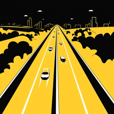 A highway at night, illuminated by the glow of car headlights. The road stretches into the distance, with lines marking lanes visible along its surface. Cars are moving at high speed, leaving behind streaks of light that highlight their path. The sky above is dark, and faint outlines of distant structures may be seen along the sides of the highway. The scene captures the dynamic motion of vehicles and the contrast between light and dark.