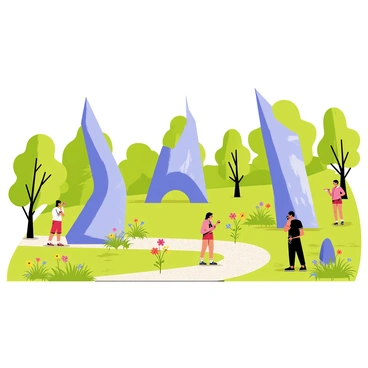 An outdoor museum garden featuring large metal sculptures of various abstract shapes. The sculptures are angular and shiny, reflecting sunlight as they tower over the surrounding greenery. Colorful flowers bloom nearby, adding vibrant spots of color against the metallic surfaces. The garden has a gravel path winding through it, inviting visitors to walk among the sculptures. A few people are seen admiring the artwork and taking photographs, while trees provide shade in the background.