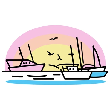 Several boats are docked in a harbor. The boats vary in size and shape, with some featuring tall masts and others with low profiles. The water reflects the colors of the sunset, shimmering with shades of orange and pink. The sky above is a vibrant gradient, transitioning from deep orange near the horizon to soft pink higher up. Silhouetted against the sunset, a few seagulls are flying across the sky. The harbor is framed by distant outlines of land, creating a serene setting.