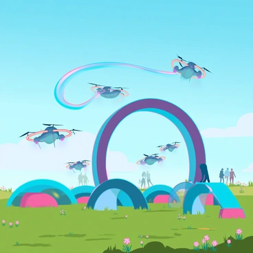 A group of small drones with sleek designs and vibrant LED lights is racing through an obstacle course set in a wide-open field. The drones are maneuvering skillfully around colorful inflatable obstacles shaped like rings and cylinders. The background features a bright blue sky with minimal cloud coverage, and the sun casts distinct shadows on the ground. Some drones are flying low to the ground, while others are ascending rapidly to navigate over a large inflatable arch. The grassy field is dotted with patches of wildflowers, and a few spectators can be seen in the distance, watching the race with excitement.