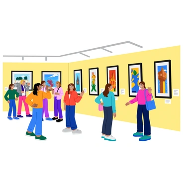 An art gallery exhibition featuring multiple framed illustrations created by students. The walls are lined with various colorful artworks, each beautifully matted and framed in simple black frames. Some visitors are standing in front of the illustrations, examining them with expressions of admiration. Others are engaged in conversation as they admire the creativity and skill displayed in the student artworks. The gallery has bright lighting highlighting each piece, and there are small placards beneath each illustration providing information about the artists.