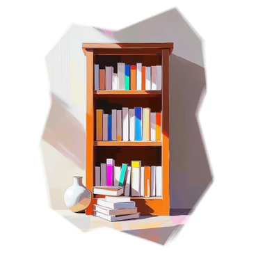 A bookcase made of dark wood stands against a wall, filled with numerous books of varying sizes and colors. The books are neatly arranged, some stacked horizontally and others placed vertically, showcasing their colorful spines. One shelf has a noticeable gap where a book is missing, creating an interesting focal point. A small decorative item, such as a ceramic vase, sits next to the gap, adding a touch of elegance to the arrangement. Soft light filters in, casting gentle shadows across the books and highlighting the textures of the wood.