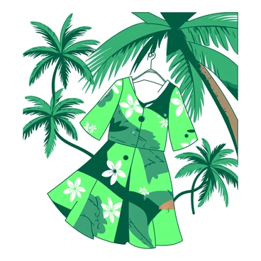 A green tropical-themed mini dress is hanging from a palm tree branch, swaying gently in the breeze. The dress features a vibrant pattern of large leaves and colorful tropical flowers. The coconut-shaped buttons on the front of the dress are intricately designed and add a charming detail. In the background, there are several palm trees with lush green fronds, casting shadows on the ground. The scene is filled with tropical foliage, creating an immersive island atmosphere.