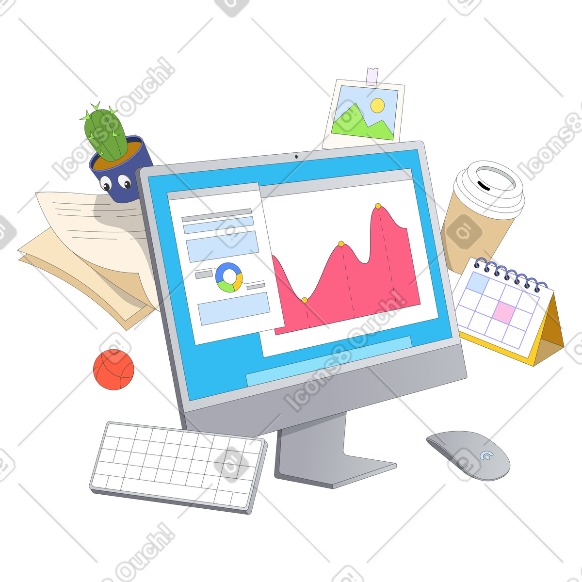 Ilustração animada de Desktop computer with analytics dashboard, Data analysis workspace em no estilo Kit para baixar em GIF, Lottie (JSON), AE