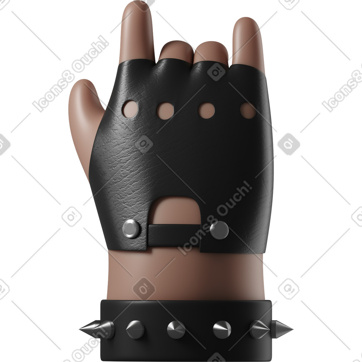 Ilustración Mano de piel marrón rockero con brazalete cuero que muestra el signo rock en estilo 3D Hands Fun&Wild a descargar en PNG y SVG