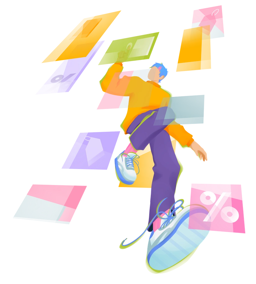 A person riding a colorful hoverboard - Dynamic style illustration