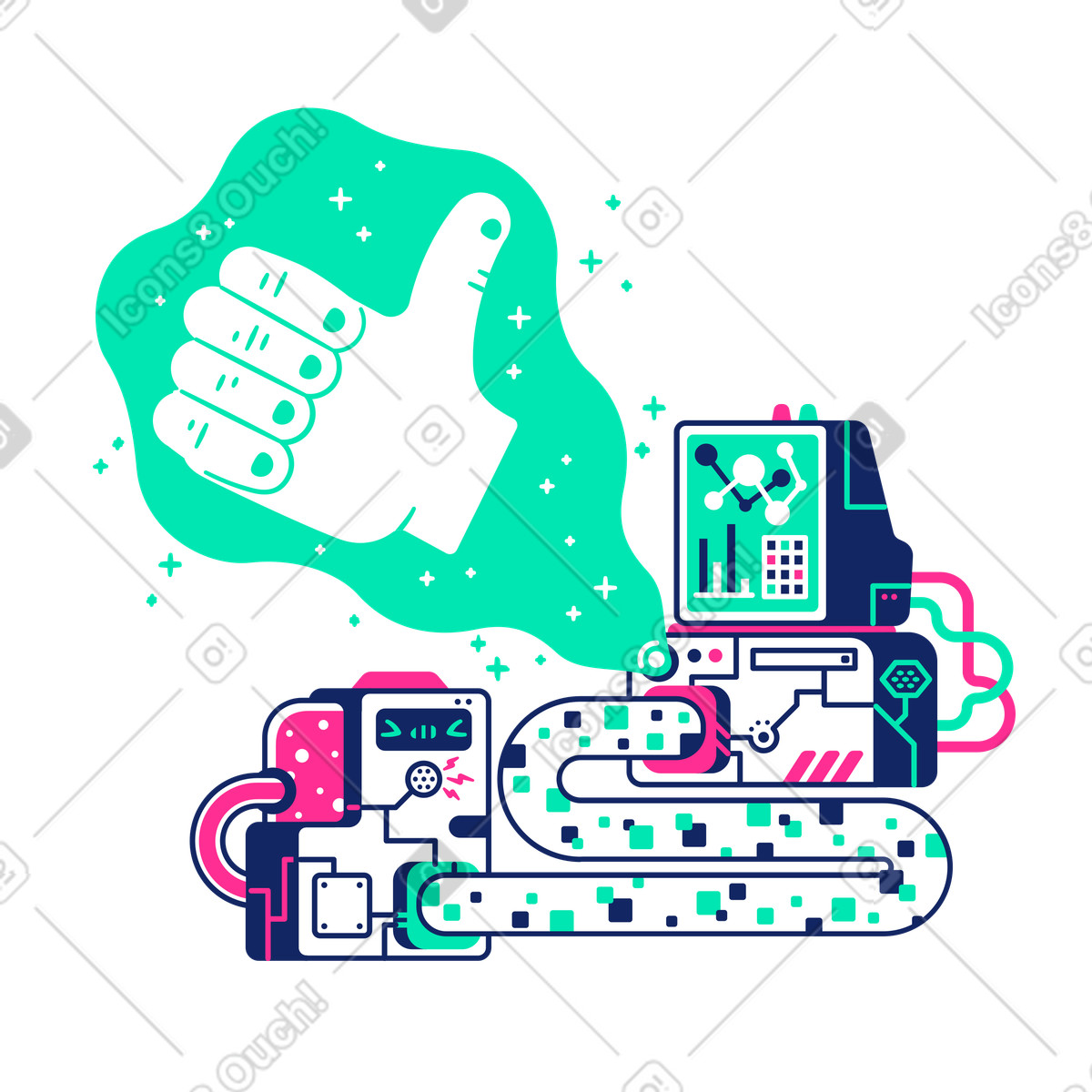 Computer showing a thumbs up hologram illustration in PNG, SVG