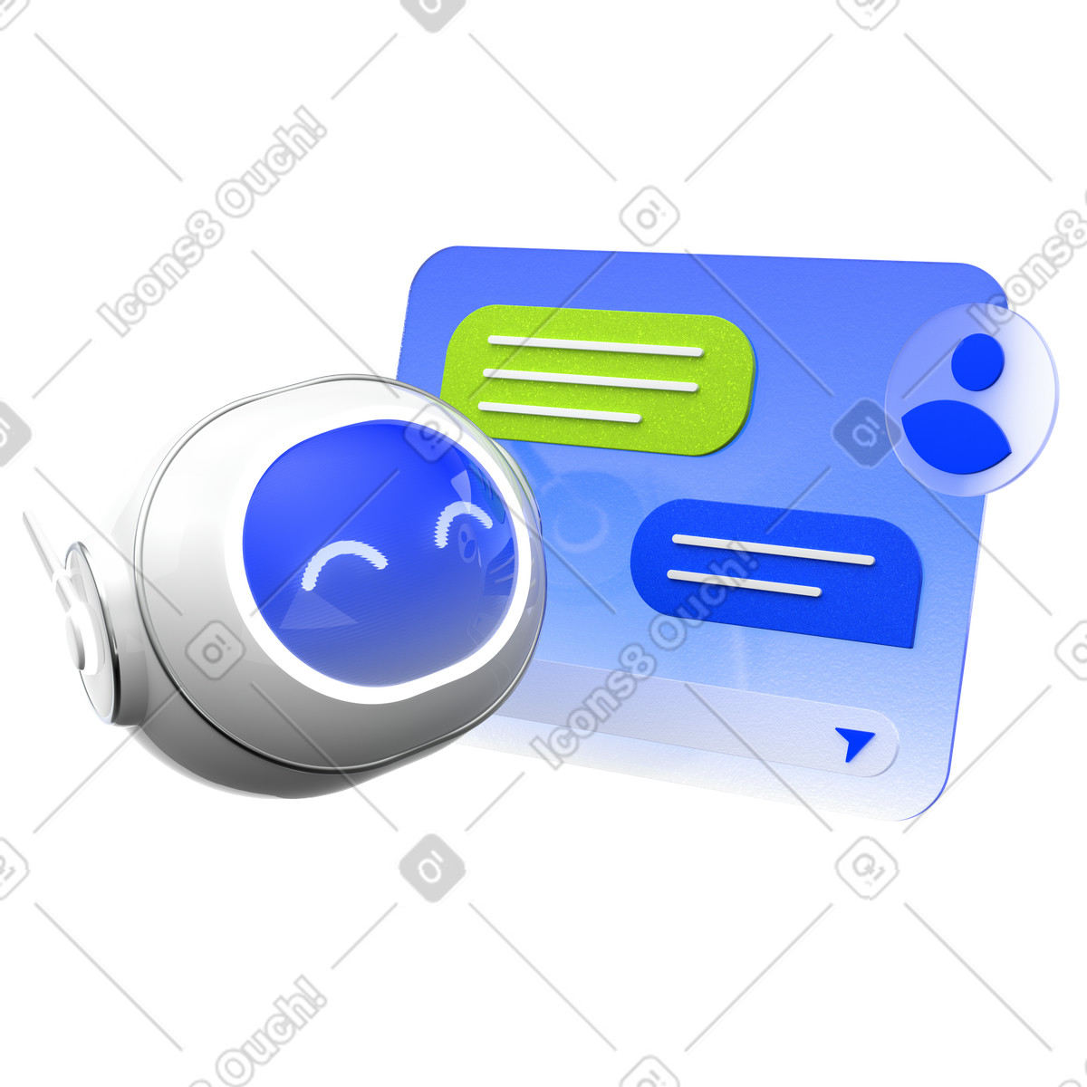 Chatbot assistant, AI reply interface, Customer support dialogue illustration in PNG, SVG