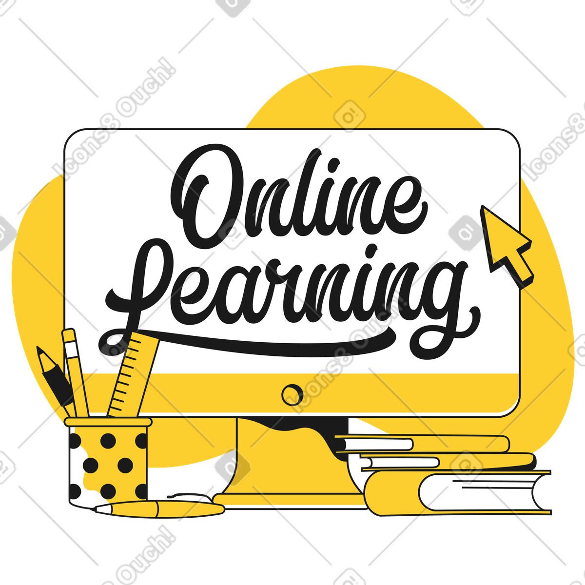 Lettering online learning sullo schermo con il testo dei libri illustrazione in stile Taxi scarica in PNG, SVG