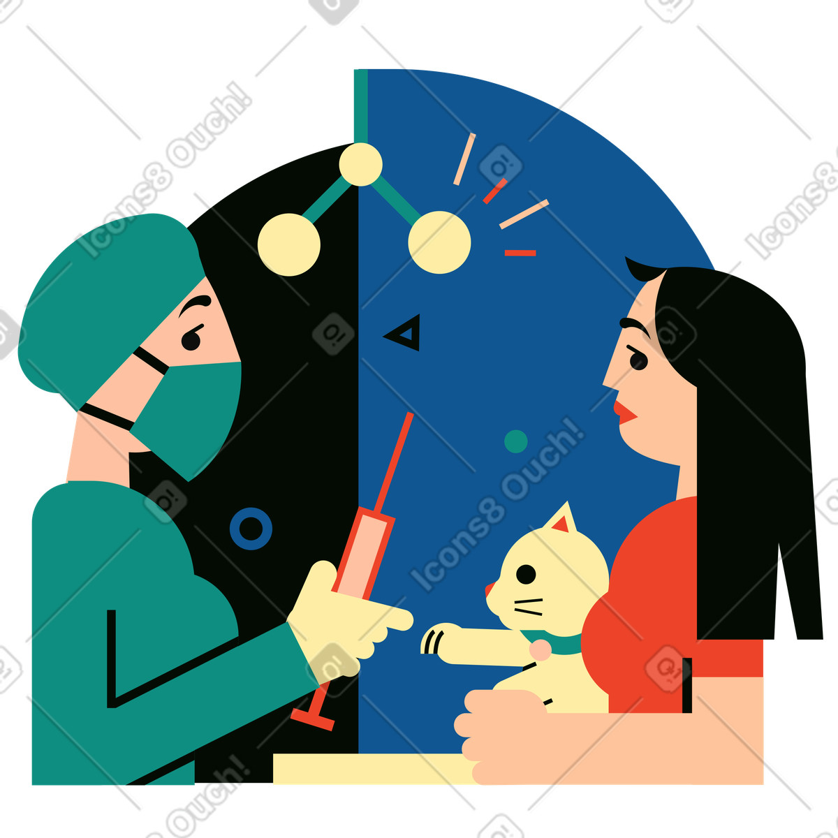 Illustration Vétérinaire vaccinant un chat de compagnie dans le style Polar à télécharger aux formats PNG, SVG