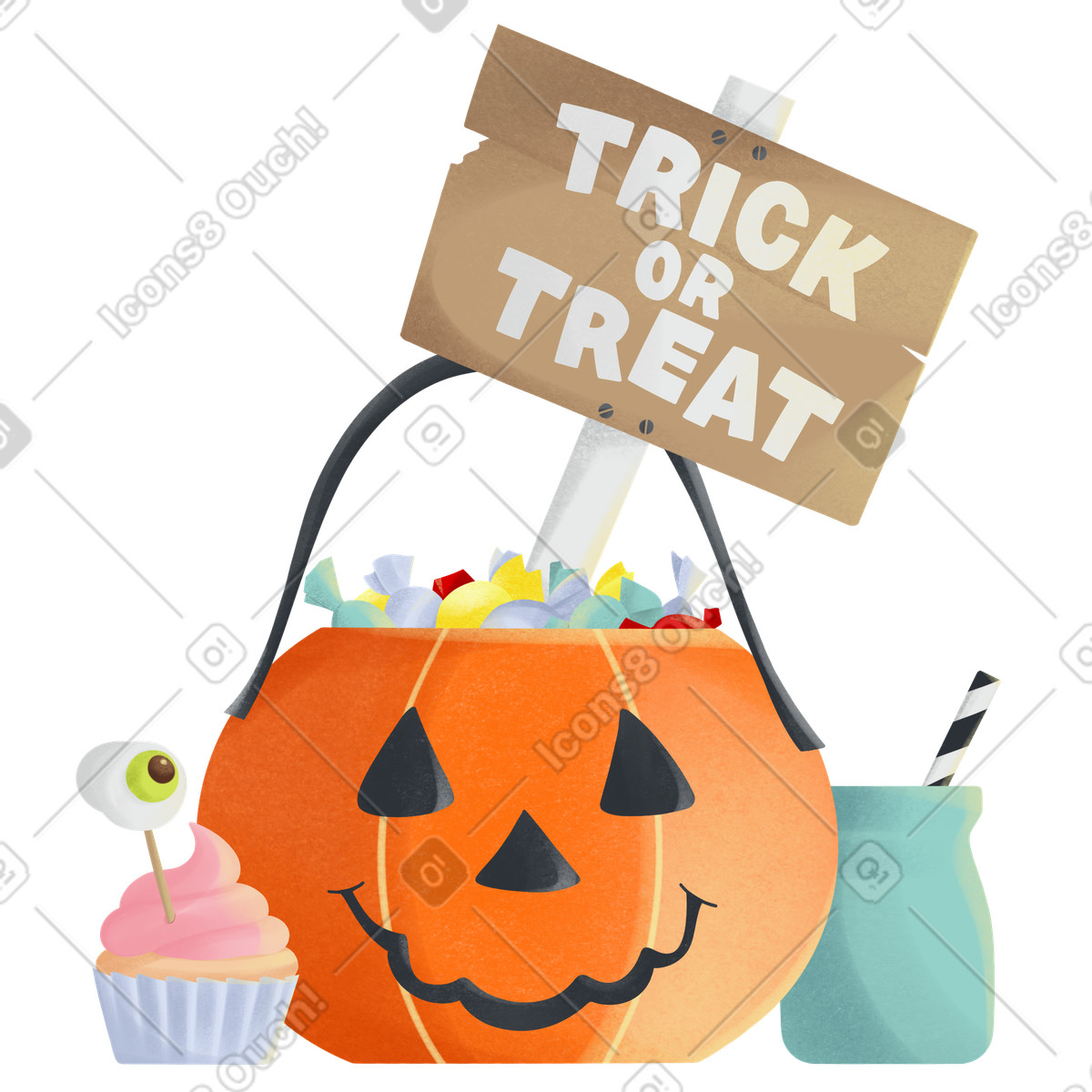 Halloween-kürbis mit süßigkeiten und bonbons-Illustration im Shine-Stil als Download in PNG, SVG