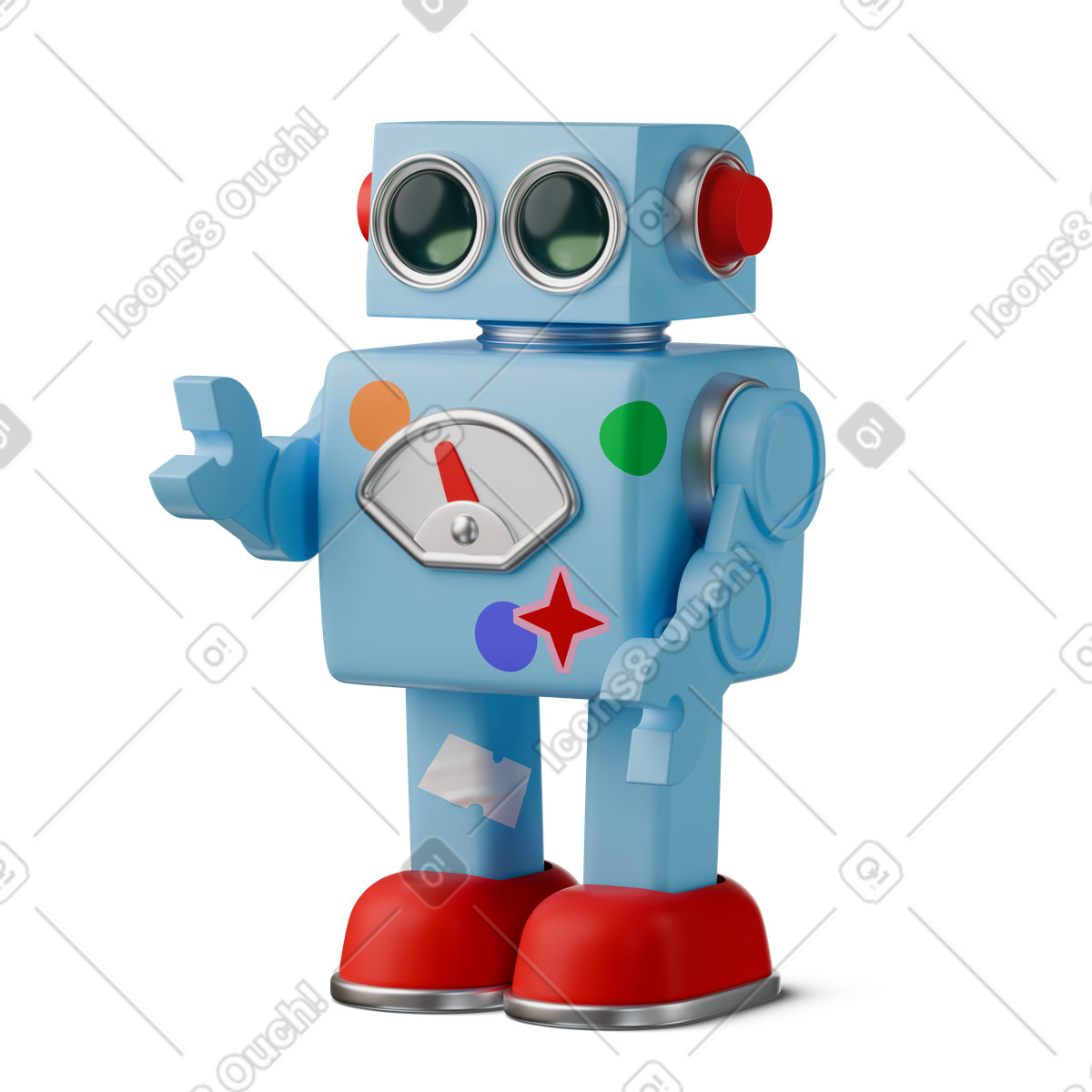 Blue robot with stickers illustration in 3D Stickle style download in PNG, SVG
