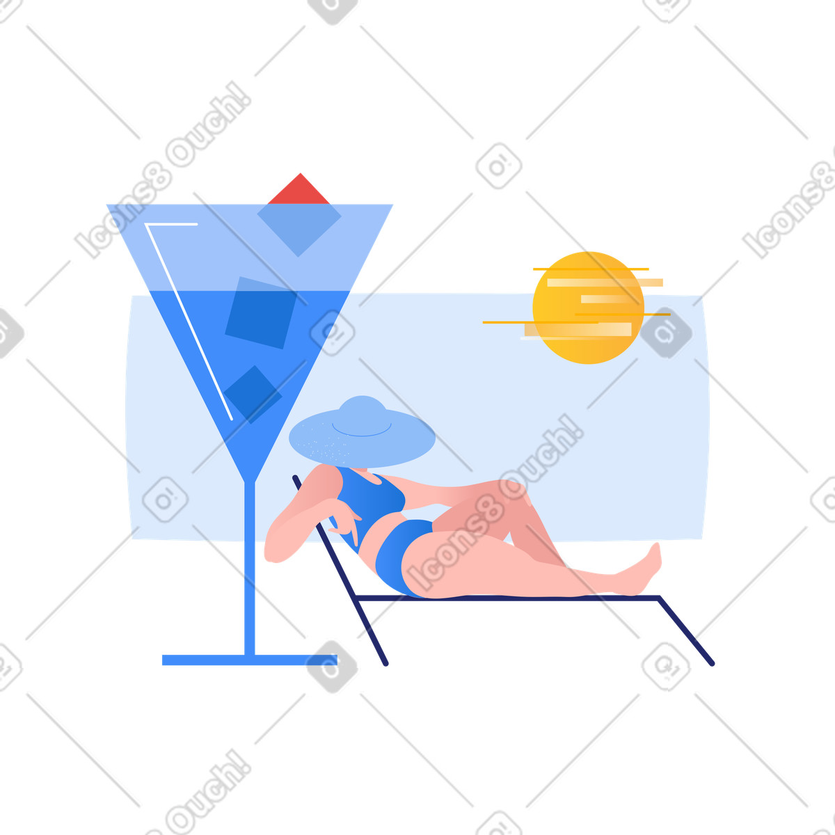 Big summer cocktail and woman in hat lying on beach lounger illustration Clip style download PNG, SVG