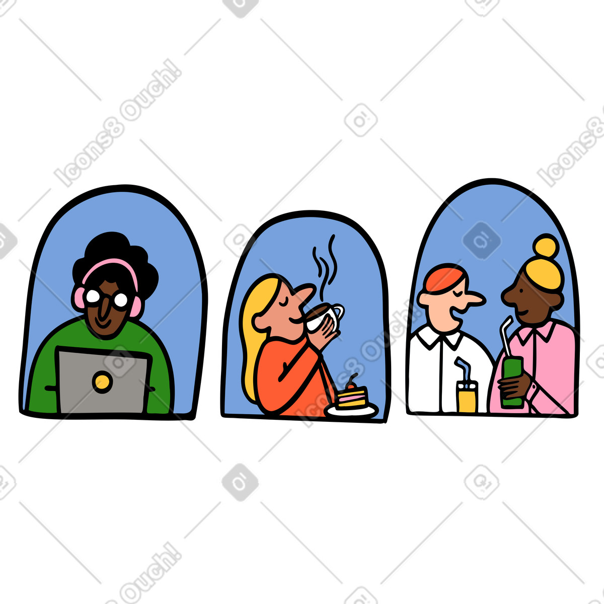 People in a cafe windows illustration Comic style download PNG, SVG