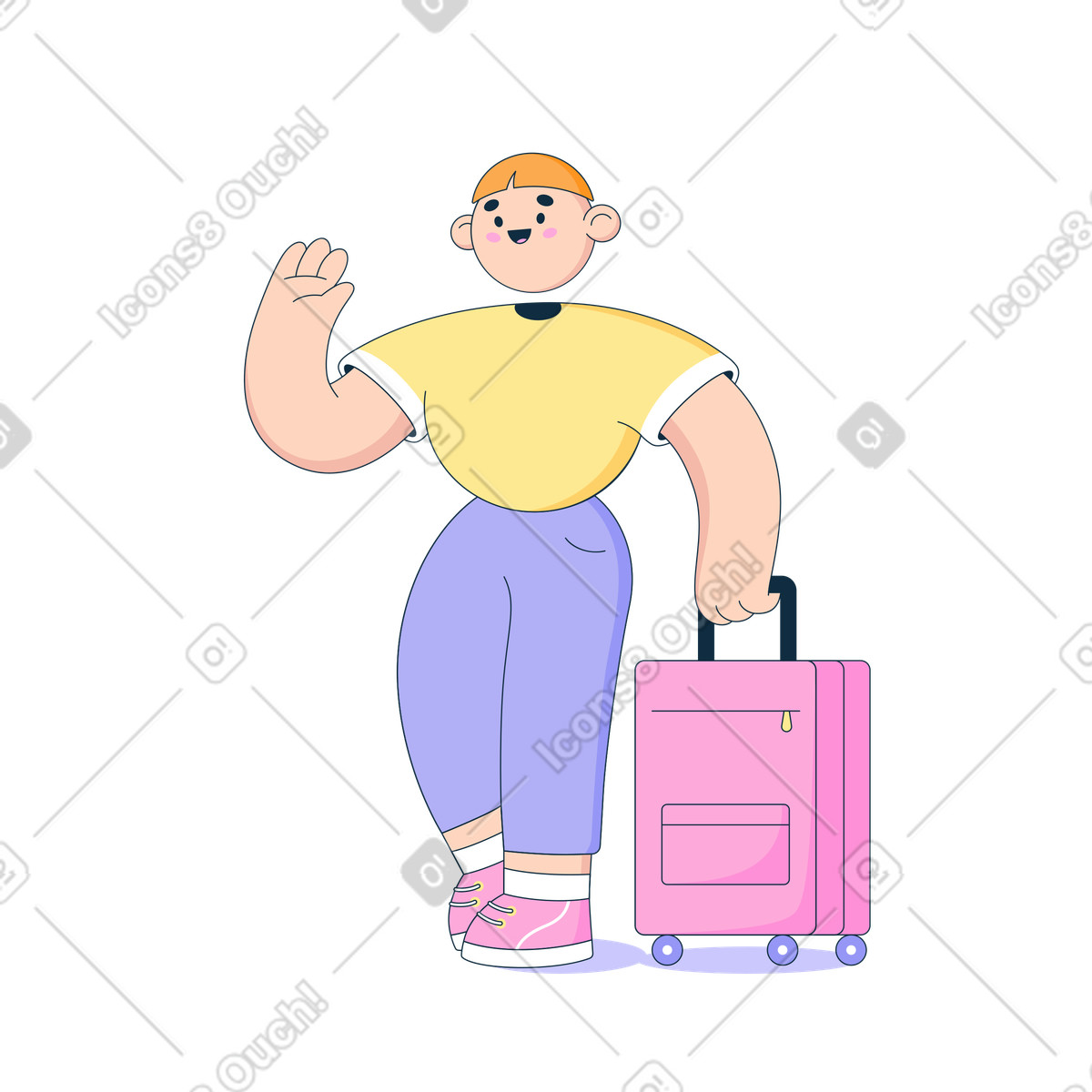 L'uomo con una valigia agita la mano illustrazione in stile Bubble gum scarica in PNG, SVG