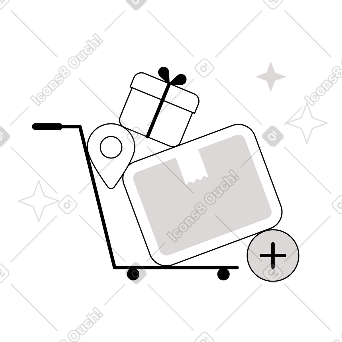 Ilustração de Platform trolley with parcel, gift box and map marker, Delivery service purchase tracking em no estilo Shade para baixar em PNG, SVG