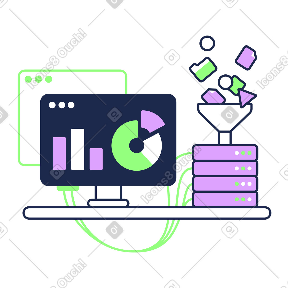 Big data analysis with pie and bar charts, Business intelligence reporting illustrazione animata in stile Outline scaricabile in GIF, Lottie (JSON), AE