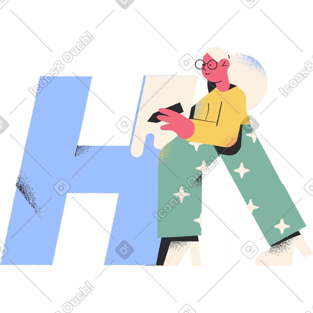 下载 Pablo 风格的 Reader in glasses leaning on large blue h 插画，支持 PNG、SVG 格式