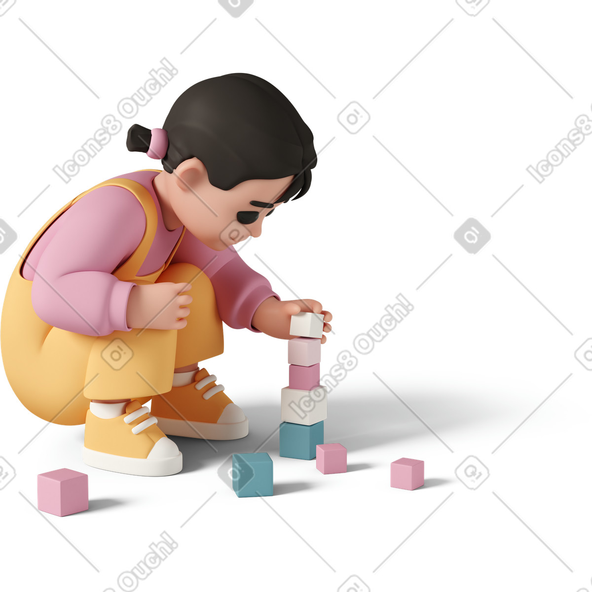 Little girl playing with cubes illustrazione in stile 3D Casual life scarica in PNG, SVG