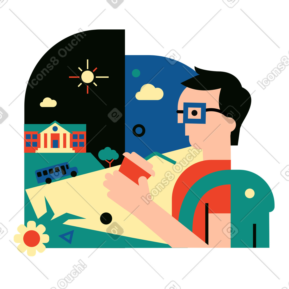 Student drinking soda on the way to school illustration in Polar style download in PNG, SVG