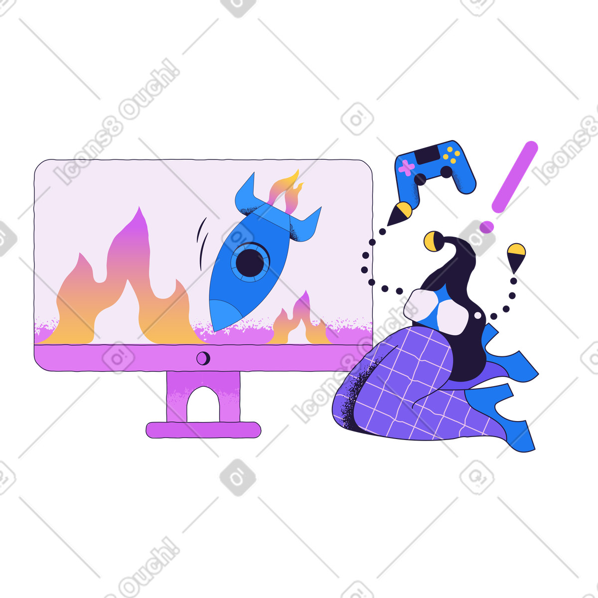 Woman fails at video game illustration in Conifer style download in PNG, SVG