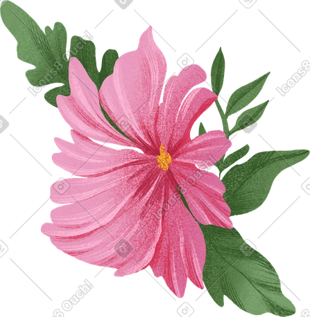 Pink flower with yellow center and green leaves illustration in PNG, SVG