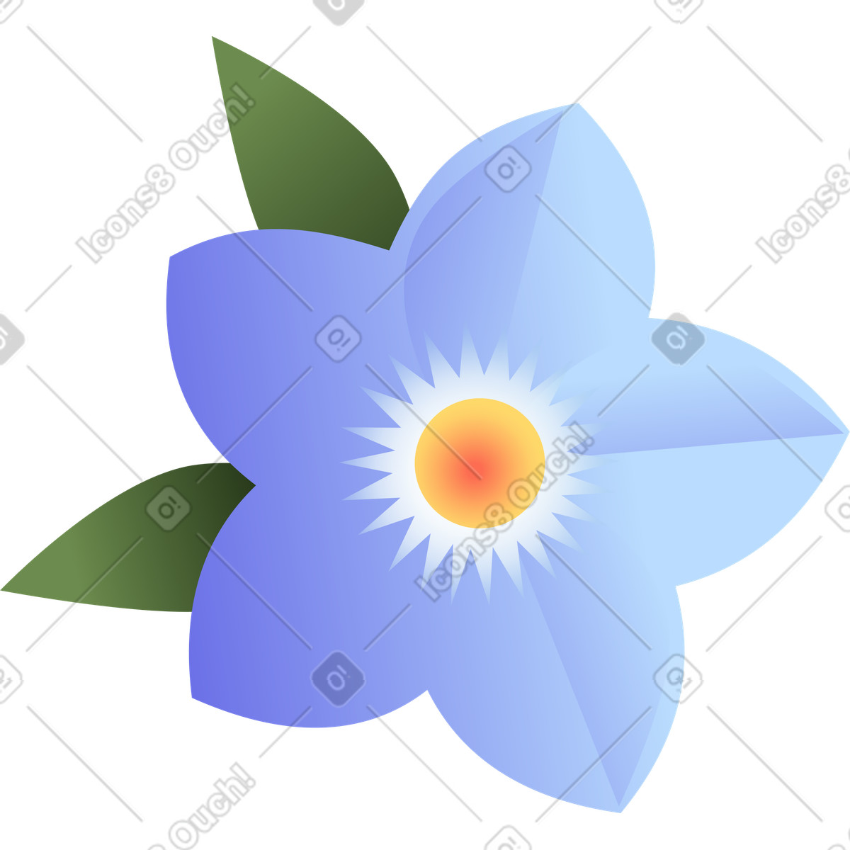 Illustration Fleur bleue avec un centre jaune et deux feuilles dans le style Blossom à télécharger aux formats PNG, SVG