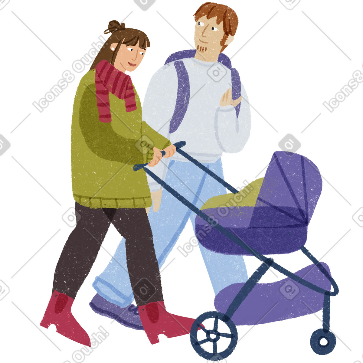 Young parents walking with a stroller illustration in Public style download in PNG, SVG