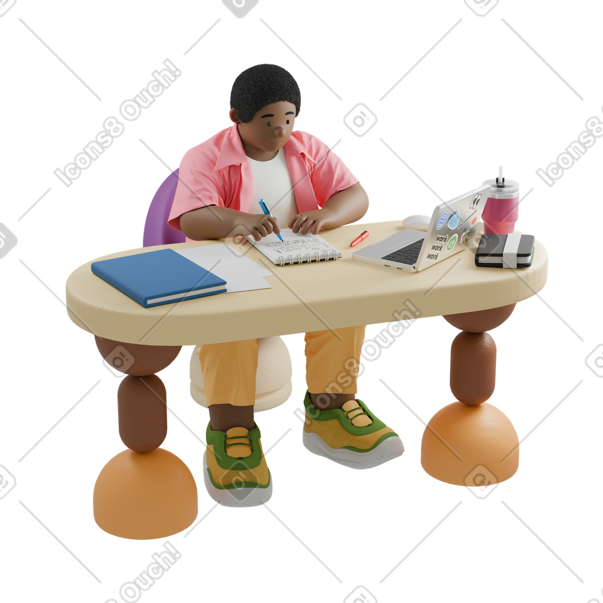 Student taking notes with laptop and books, Online learning and study illustration in 3D Kindy style download in PNG, SVG