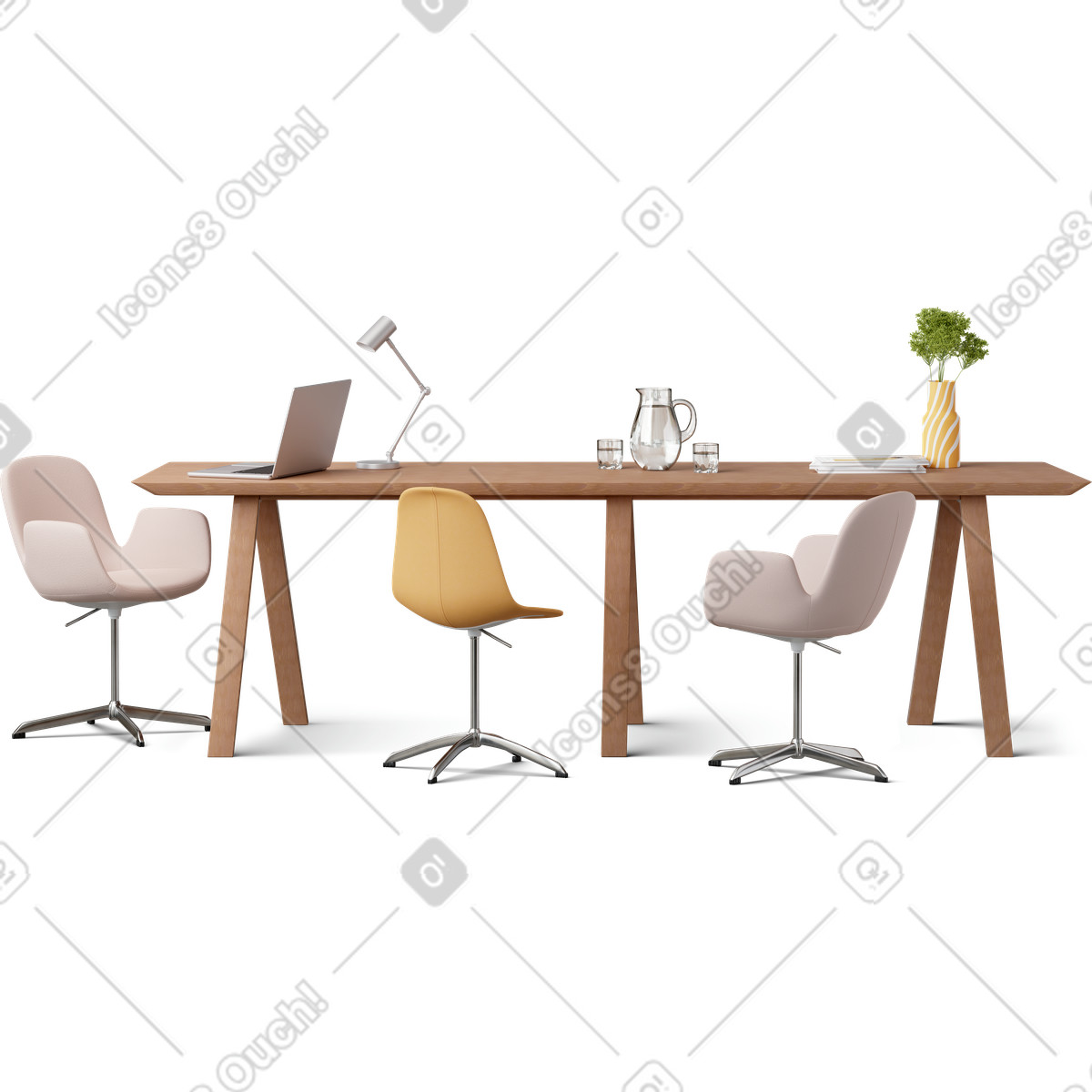 Illustration Vue de face du bureau avec chaises, ordinateur portable et magazines dans le style 3D Hygge à télécharger aux formats PNG, SVG