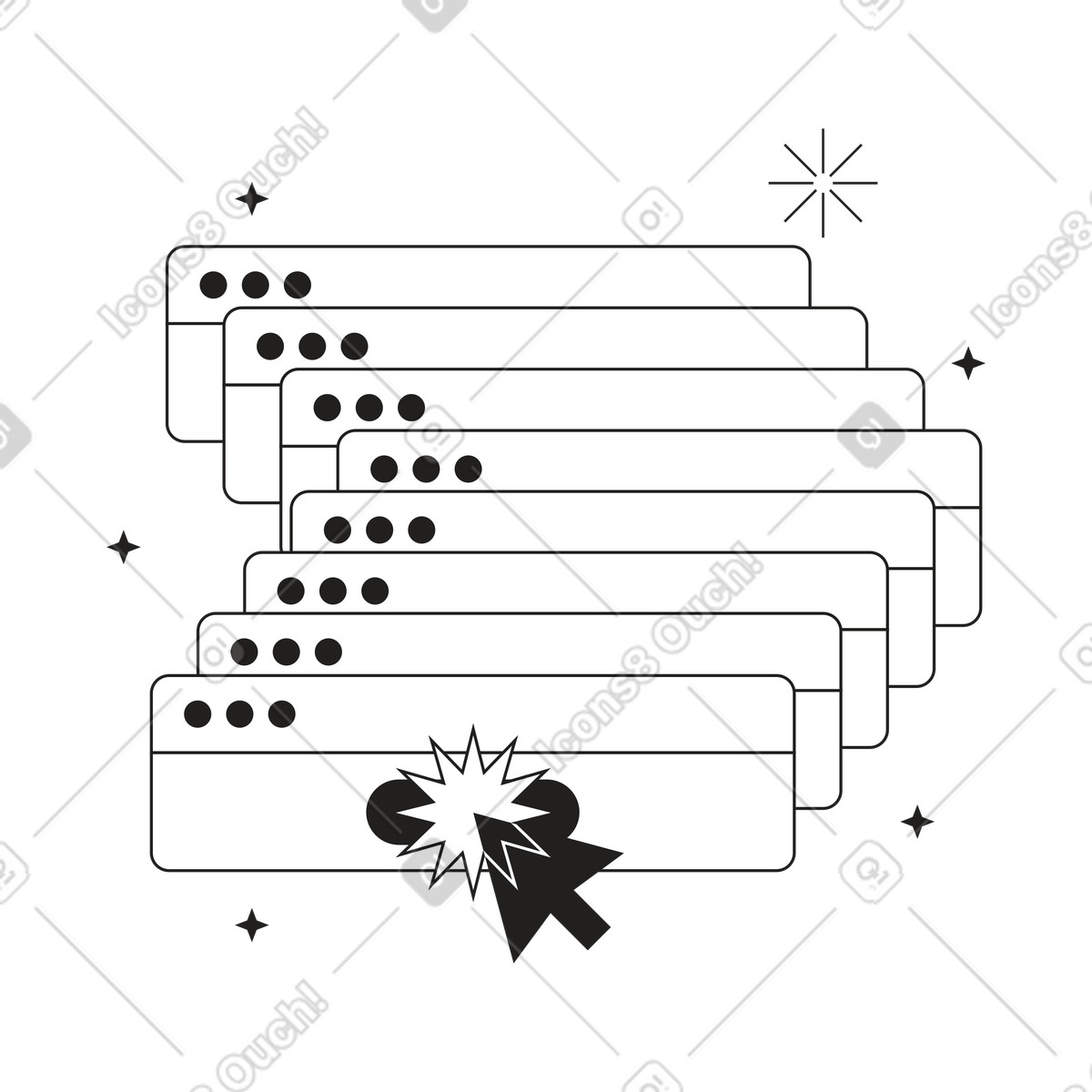 Illustration Beaucoup de fenêtres navigateur ouvertes avec une flèche dans le style Tokyo à télécharger aux formats PNG, SVG