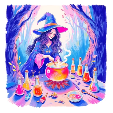 A witch with long, flowing black hair is stirring a bubbling cauldron. She is wearing a pointed hat and a dark cloak adorned with mystical symbols. The cauldron is situated over a small fire, and steam rises from the contents within. Around the cauldron, various colorful potions are arranged in glass bottles, each with unique shapes and vibrant liquid colors. Ingredients such as sprigs of herbs, crystals, and small wooden tools are scattered on the ground. The setting is a forest with twisted trees and soft, dappled light filtering through the leaves.