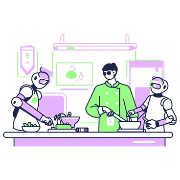 A chef is standing at a sleek countertop in a futuristic kitchen. The kitchen features smart appliances that are integrated into the design, with touch screens and glowing controls visible. Various robots are assisting the chef; one robot is chopping vegetables on a cutting board, while another is stirring a pot on the stove. The chef is wearing a modern chef's coat and a pair of high-tech smart glasses, with a focused expression as they prepare a meal. Above the counter, there are futuristic light fixtures that illuminate the workspace, highlighting the organized arrangement of ingredients and tools.