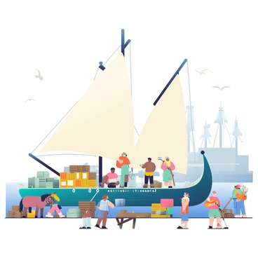 A large sail barge with white sails is docked at a busy port, surrounded by various goods ready for loading. The barge is painted in shades of blue and green. Merchants with different skin tones are actively organizing crates and barrels on the deck, some are using ropes to secure the cargo. Travelers in colorful attire are seen walking along the wooden pier, looking at the bustling activity. To the side, a wooden cart filled with sacks is being pulled by a horse, while seagulls fly overhead. The background shows tall masts of other ships and buildings lining the waterfront.