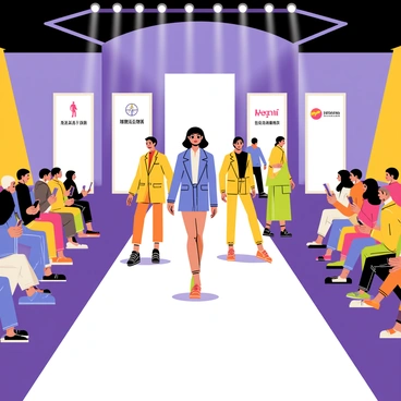 A live fashion show takes place in a vibrant indoor venue filled with bright lights. The runway is a long, sleek strip illuminated by spotlights. Models confidently walk down the runway, showcasing "the latest luxurious designer collections." Each model wears a distinct outfit with intricate details, bold colors, and luxurious fabrics. Spectators are seated on either side, capturing the moment with their smartphones. Banners with designer logos are displayed in the background, enhancing the high-fashion atmosphere.