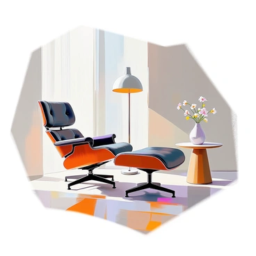 An iconic Eames lounge chair and ottoman are prominently placed in a minimalistic mid-century room. The lounge chair features a rich walnut wood shell and black leather upholstery, showcasing its elegant curves. The ottoman, matching in design and color, complements the chair perfectly. The room is decorated with neutral tones, featuring a light-colored wooden flooring and white walls. A simple floor lamp stands nearby, casting soft light onto the scene. A small round side table holds a minimalist vase with a single flower, enhancing the clean aesthetic of the space.