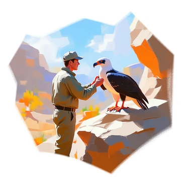 A wildlife biologist with light skin and brown hair, wearing a green field jacket and a cap, is gently holding a large California condor. The bird has striking black feathers with a distinctive white collar and bright orange markings on its face. Surrounding them is a rugged landscape with rocky cliffs and sparse vegetation. The biologist is positioned near a cliff edge, ready to release the condor into the open blue sky. The scene captures the moment of anticipation, highlighting the importance of wildlife conservation. The sun casts warm light, creating a sense of hope and renewal in the environment.