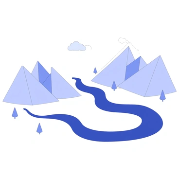 A low-poly landscape features a winding river flowing through gentle hills. The river has smooth curves, reflecting the contours of the terrain alongside it. The hills are shaped with geometric forms, creating a simplistic yet defined silhouette against the horizon. Small, stylized trees are scattered throughout the landscape, adding texture to the scene. The sky above is clear, with a few low-poly clouds drifting softly.