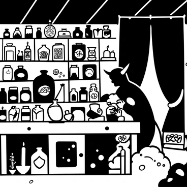 A devil with pointed horns and a long, curled tail is browsing through a collection of jars and bottles in a dimly lit Victorian apothecary. The shelves are filled with various apothecary jars, some with intricate labels, and others filled with mysterious substances. A wooden table is cluttered with spilled herbs and scattered vials. Candles flicker in the background, casting shadows on the dark wooden beams of the ceiling. The devil is reaching for a large, ornate bottle, while a few small, odd trinkets are scattered around the workspace. A heavy velvet curtain hangs in the background, partially drawn to reveal more shelves filled with curiosities.