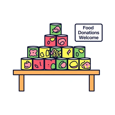 A display made from stacked cans at a food bank. The cans are arranged in a pyramid shape with a variety of colors, including red, green, and yellow. Each can features a different label, showcasing various food items such as beans, corn, and soup. The background includes a simple wooden table where the display is set up, and there is a sign nearby that reads "Food Donations Welcome" in bold letters.