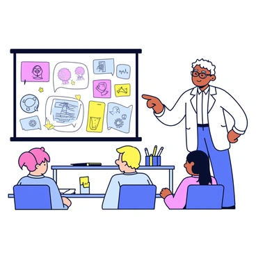 A professor stands in front of a large screen displaying various illustration techniques. The professor is wearing glasses and a white lab coat, and is pointing at an illustration on the screen. The screen shows colorful diagrams and examples of different drawing styles, including line art and shading techniques. There is a well-organized desk beside the professor with drawing tools like pencils and markers neatly arranged. The classroom has a few students attentively watching and taking notes.
