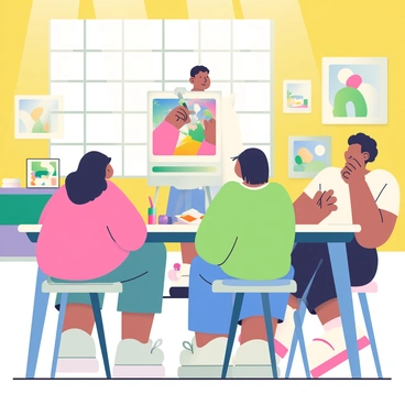 An artist with light brown skin and short black hair is standing at an easel, demonstrating illustration techniques to a small group of three people seated around a large wooden table. The artist is wearing a white smock and holding a paintbrush in one hand while pointing to a colorful canvas on the easel. The studio is filled with natural light streaming in through large windows, illuminating the bright yellow walls adorned with various artwork. Each of the three individuals is focused on the artist, with one person taking notes and another holding a sketchbook. The table is cluttered with art supplies, including paint tubes, brushes, and palettes.