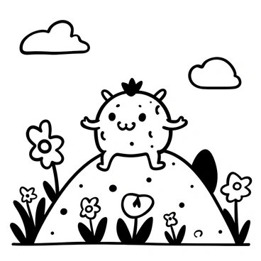 A cartoonish monster with mismatched eyes and a goofy grin is sitting on top of a grassy hill. The monster has a round body covered in bumpy skin. There are small, spiky arms sticking out from its sides. Surrounding the hill are various oversized flowers and tall blades of grass. In the background, there are fluffy clouds drifting across a clear sky. The scene conveys a whimsical, lighthearted atmosphere.