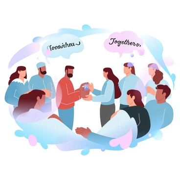 A group of diverse individuals is gathered in a vibrant setting, participating in a ceremony. Each person is dressed in traditional attire representing various cultures and backgrounds. In the center, two people are exchanging beautifully crafted tokens symbolizing acceptance and unity. Around them, others are engaged in joyful conversation, holding colorful banners that display messages of peace and togetherness. The atmosphere is filled with a sense of community and harmony, with decorative elements like ribbons and flowers enhancing the scene.