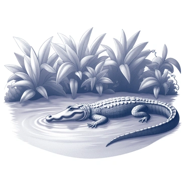 A crocodile is positioned partially submerged in a muddy river. The water ripples around its body, creating a slight disturbance. The crocodile's skin texture is visible, showcasing its rugged scales. Surrounding the riverbank, dense jungle plants with large leaves and vines create a lush atmosphere. The plants extend towards the water’s edge, some partially reflected in the muddy surface. The scene captures the essence of a natural habitat, emphasizing the crocodile's stealthy presence amidst the verdant foliage.
